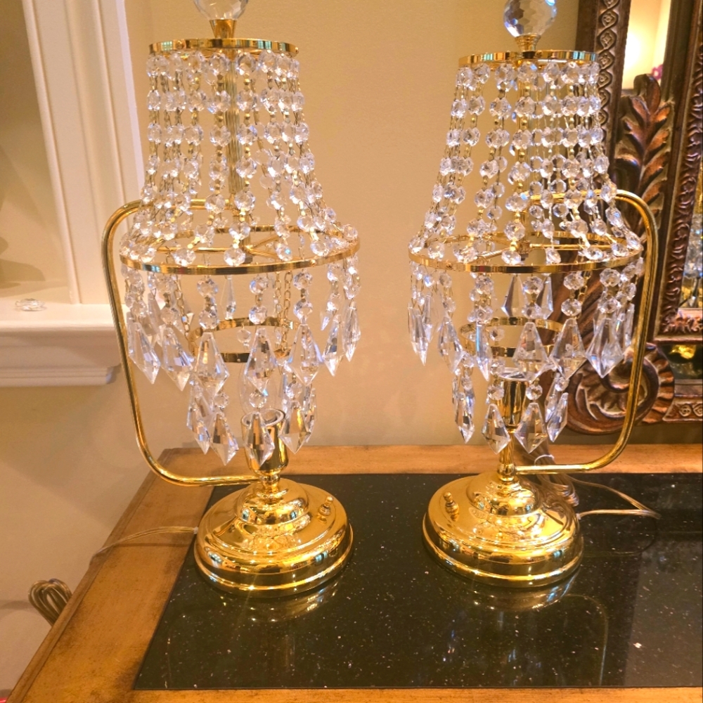 Pair of Vintage Turkish Empire Stayle Crystal Lamps with Gold Plated Brass Base